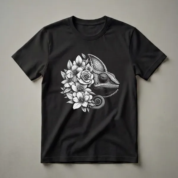 Black and white t-shirt featuring a stippled illustration of a chameleon's head and coiled tail intertwined with detailed flowers and leaves.