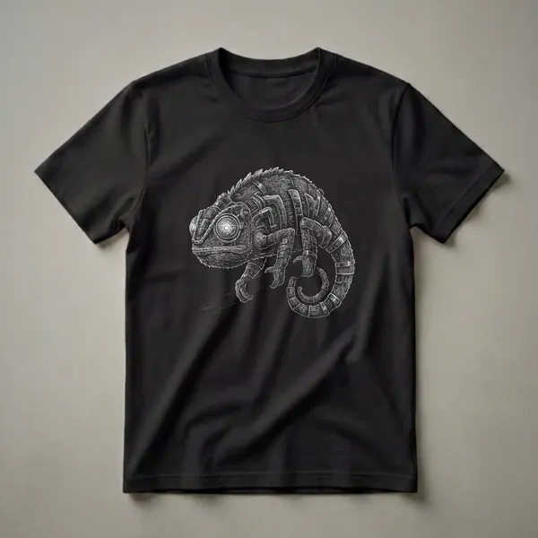 Black and white graphic t-shirt featuring a detailed mechanical chameleon with metallic plates, gears, and a glowing eye, set against a black background.