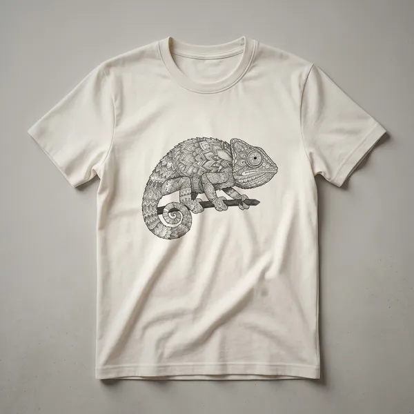A white t-shirt with a black graphic design of a chameleon within a detailed mandala pattern, symbolizing zen and reptile appreciation.