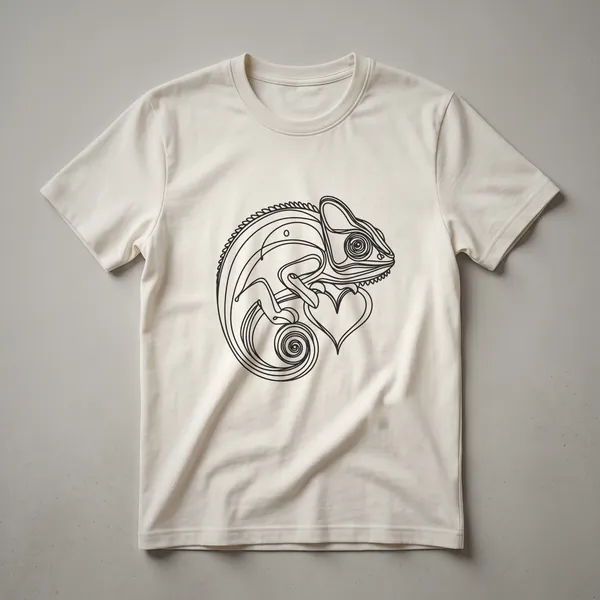 Black minimalist line art drawing of a chameleon with a heart shape on a white t-shirt.