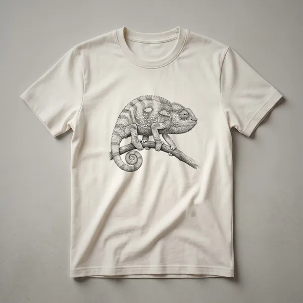 Black and white sketch graphic t-shirt featuring a chameleon with its eye looking forward and its tail curled.