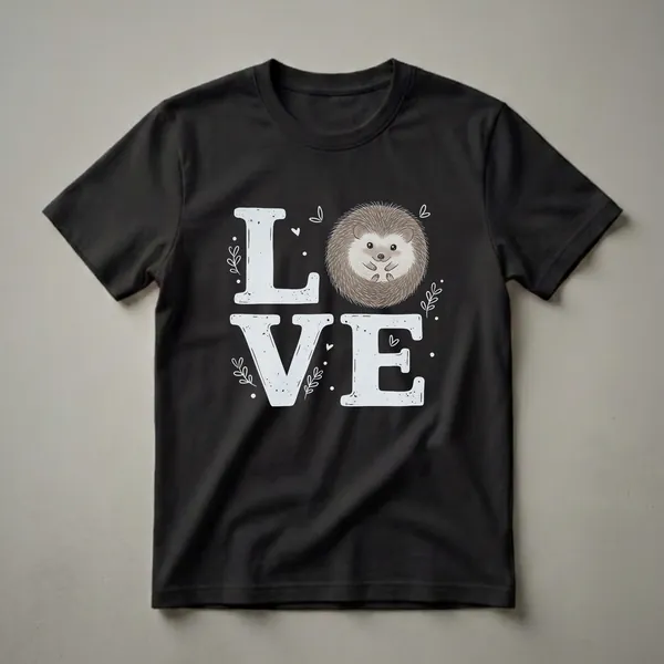 Black t-shirt featuring the word 'LOVE' in distressed grey letters, with a cute cartoon hedgehog replacing the letter 'O'. Small leaf sprigs and hearts are scattered around the design.