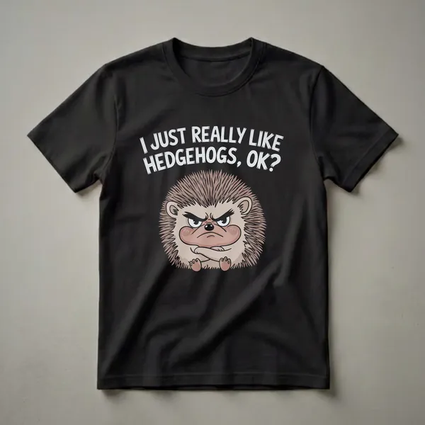 Black t-shirt with a cartoon hedgehog graphic and the text 'I JUST REALLY LIKE HEDGEHOGS, OK?' in white.