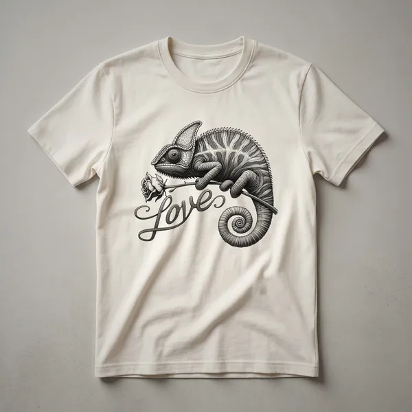 A black t-shirt featuring a stylized chameleon forming a heart shape in a vibrant green and yellow color scheme.