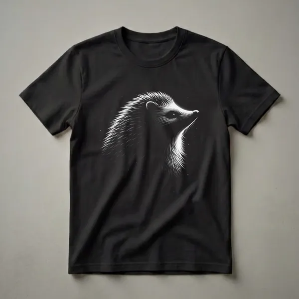 Black t-shirt with a white graphic illustration of a hedgehog's head in profile, featuring detailed linework for quills and facial features.