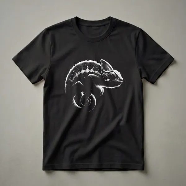 Black t-shirt with a white stippled illustration of a chameleon curled up, featuring detailed scales and speckled patterns on its back.