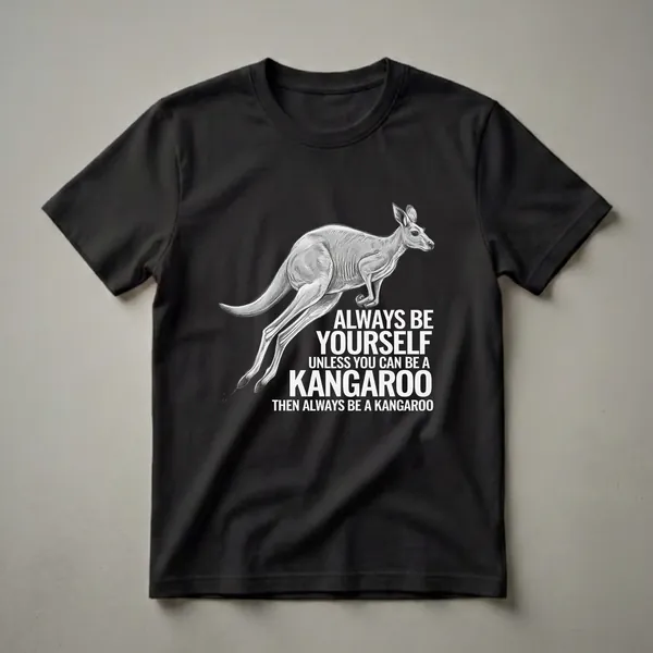 Black t-shirt with a detailed sketch of a kangaroo leaping, accompanied by white text that reads 'Always Be Yourself Unless You Can Be A Kangaroo Then Always Be A Kangaroo'.