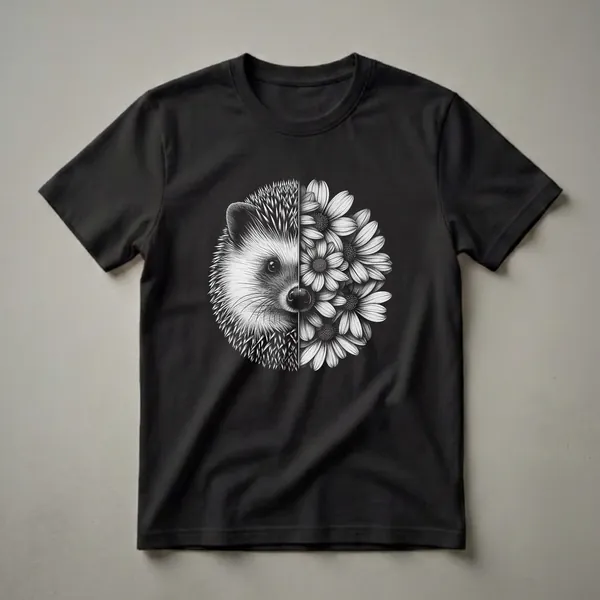 Black and white graphic t-shirt featuring a split design of a hedgehog's face on the left and daisies on the right, set against a black background.