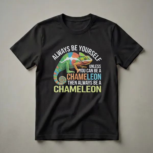 A colorful chameleon graphic t-shirt with the text 'Always Be Yourself Unless You Can Be A Chameleon Then Always Be A Chameleon'.