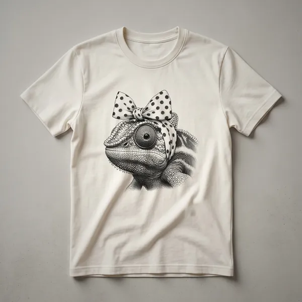 White t-shirt with a graphic of a chameleon featuring a floral pattern on its body, designed for women and girls.