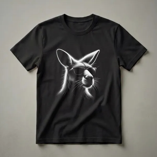 Black t-shirt with a white graphic of a kangaroo's head wearing sunglasses, depicted with fine, flowing line art.