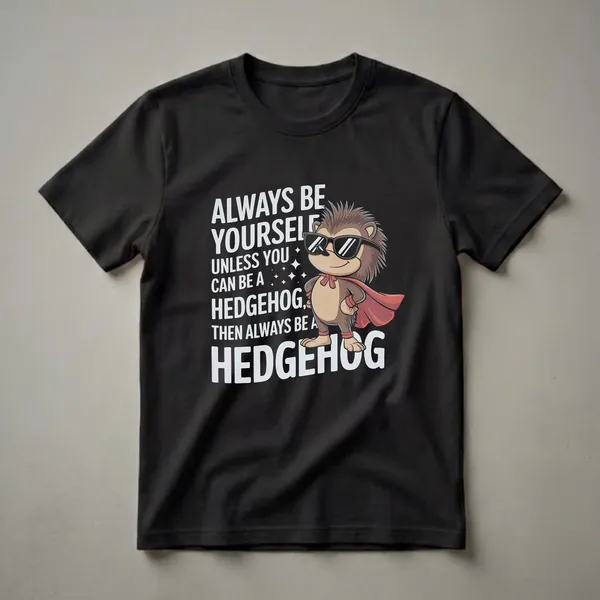 Black t-shirt with white text that reads 'Always Be Yourself Unless You Can Be A Hedgehog, Then Always Be A Hedgehog' and a cartoon hedgehog wearing sunglasses and a red cape.