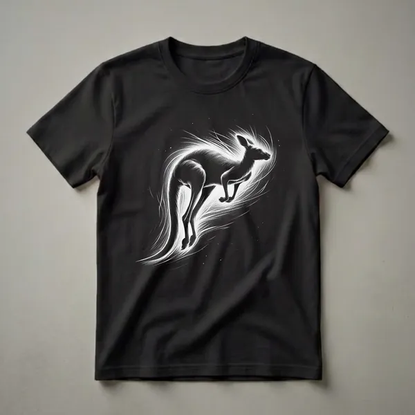 Black graphic t-shirt featuring a white silhouette of a kangaroo in motion, surrounded by radiating white lines and small white dots on a black background.