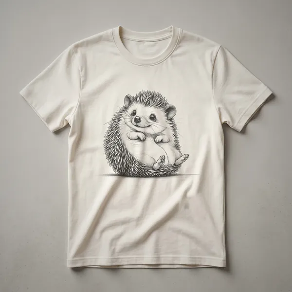 White graphic t-shirt featuring a minimalist line art illustration of a hedgehog sitting down.