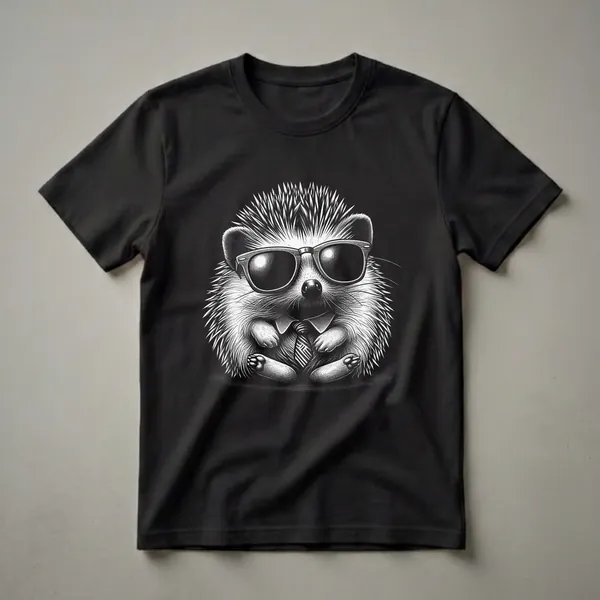 Black and white graphic t-shirt featuring a detailed illustration of a hedgehog wearing sunglasses and a striped tie, sitting with its paws crossed against a black background.