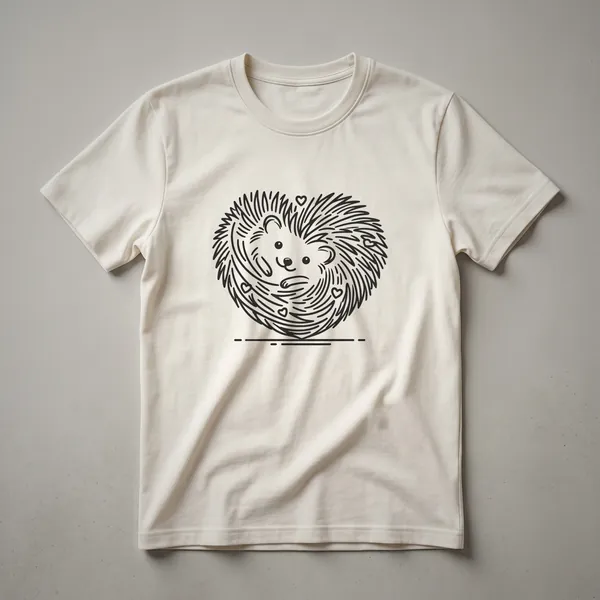 Black t-shirt featuring a white minimalist line art drawing of a hedgehog curled with a heart symbol.