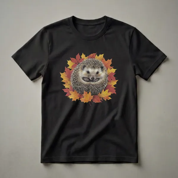 A graphic t-shirt featuring a detailed illustration of a hedgehog curled up in a bed of red and yellow autumn leaves.
