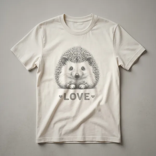 A black sketch drawing of a hedgehog on a white t-shirt, showcasing its spines and face.