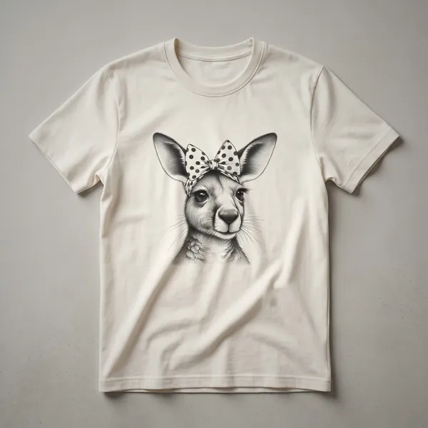 White graphic t-shirt featuring a mother kangaroo with a joey in her pouch, with a simple artistic style.