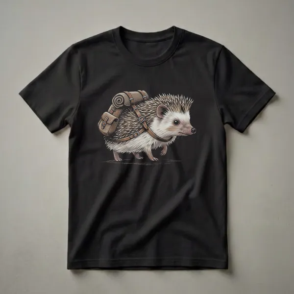 A graphic t-shirt featuring a detailed illustration of a hedgehog wearing a brown leather backpack and sleeping bag, walking on a dark background.