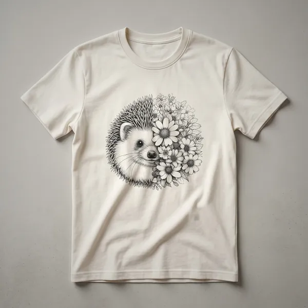 White t-shirt with a graphic of a hedgehog's face surrounded by colorful flowers and leaves, designed for women and girls.