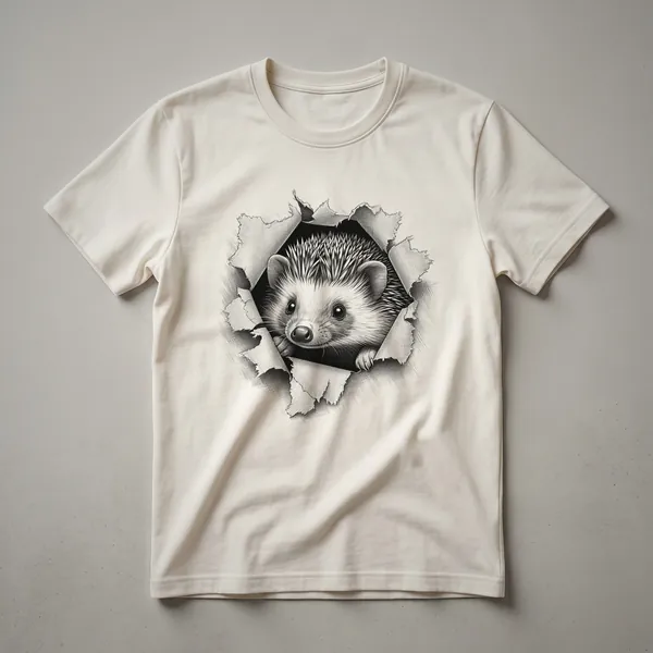 White t-shirt with a graphic of a hedgehog peeking from behind a leafy branch, rendered in a simple illustrative style.
