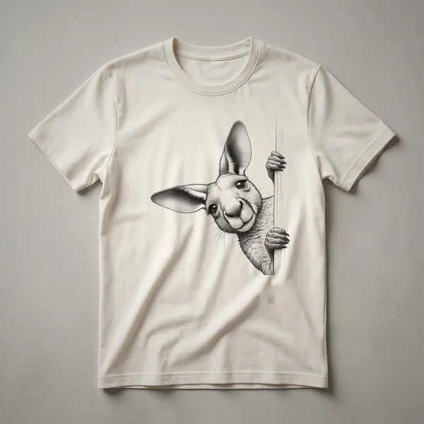 White graphic t-shirt featuring a cartoon kangaroo peeking from behind a brown and green graphic element, with the kangaroo's head and upper body visible.