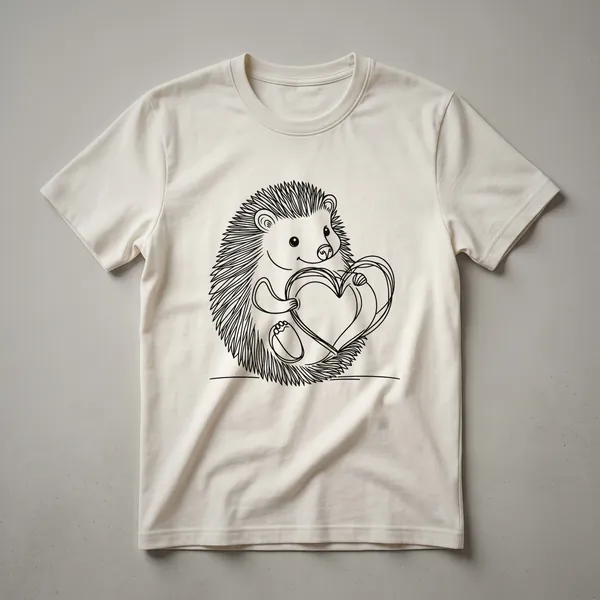 Black line art of a hedgehog curled into a heart shape on a white t-shirt, with subtle texture details visible on the garment.