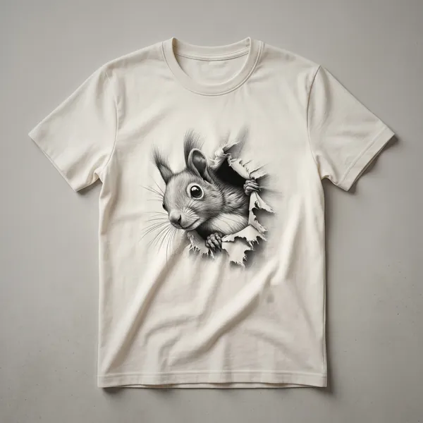 Black graphic t-shirt with a stylized illustration of a squirrel peeking over a branch in shades of brown and grey.