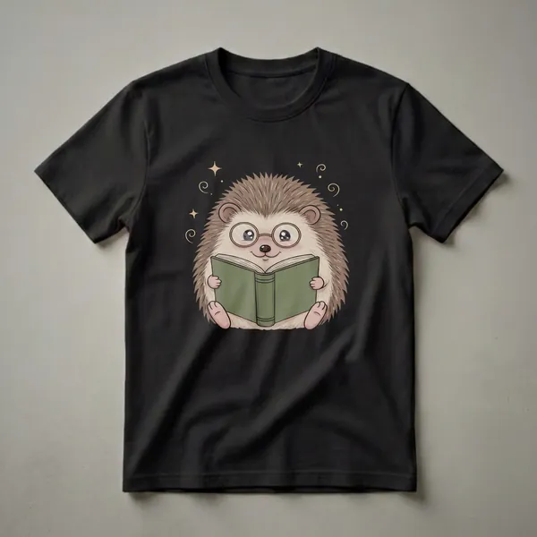 Black t-shirt featuring a cartoon illustration of a cute hedgehog wearing glasses and reading a green book, surrounded by golden stars and swirls.