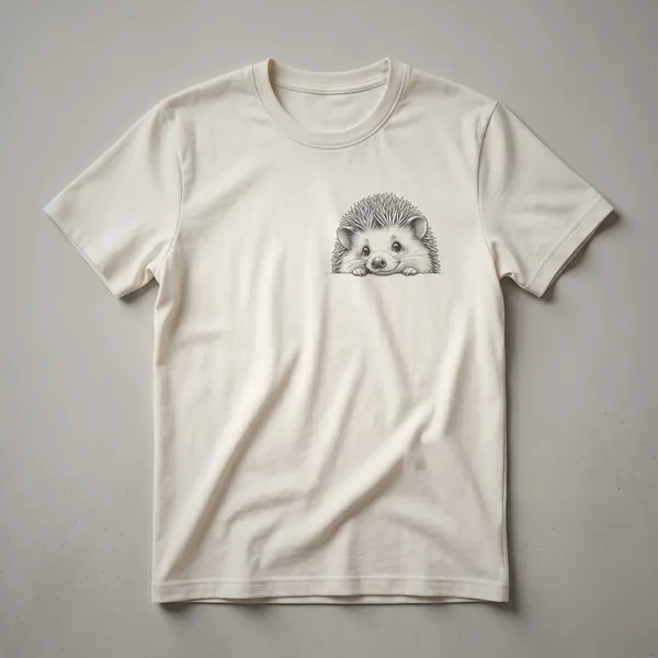 White t-shirt with a graphic of a cute cartoon hedgehog peeking from behind green leaves, designed for woodland wildlife lovers.