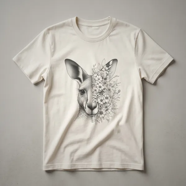 A white graphic t-shirt featuring a stylized kangaroo face with colorful flowers integrated into its design.