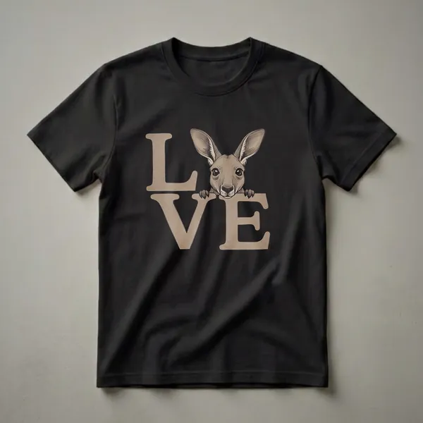 Sepia-toned graphic t-shirt featuring the word 'LOVE' with a kangaroo peeking over the letters, on a black background.