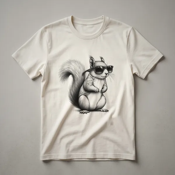 A black t-shirt with a graphic of a squirrel wearing dark sunglasses, looking cool and casual.