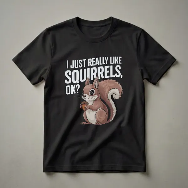 Black t-shirt with a cartoon illustration of a brown squirrel holding an acorn, with the text "I JUST REALLY LIKE SQUIRRELS, OK?" above it.