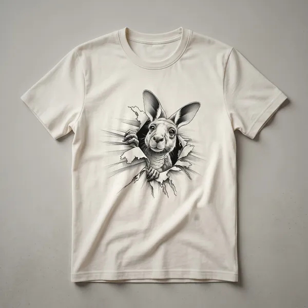 A black graphic t-shirt featuring a minimalist line art design of a kangaroo's head peeking from the side.