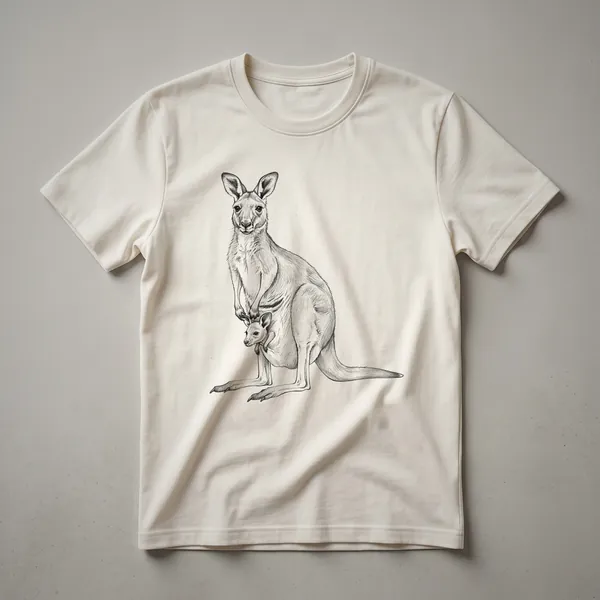 A sketch drawing of a mother kangaroo carrying her joey in her pouch, printed on a white t-shirt.