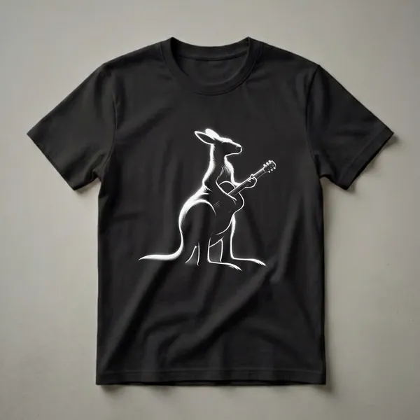 Black t-shirt with a white silhouette of a kangaroo playing an acoustic guitar, rendered in a stippled art style.