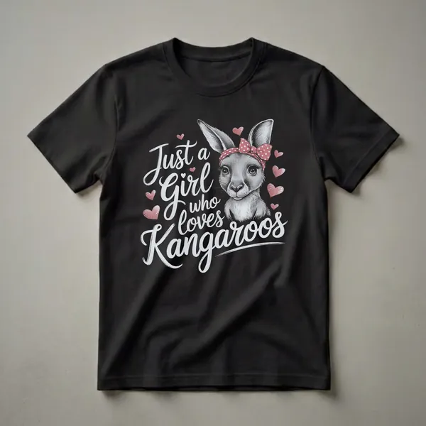 Black t-shirt with a detailed sketch of a kangaroo's face wearing a red polka dot bandana, surrounded by pink hearts and the text 'Just a Girl Who Loves Kangaroos'.