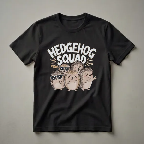 Black t-shirt featuring the text 'HEDGEHOG SQUAD' above five cartoon hedgehogs, one wearing sunglasses and another giving a thumbs up.