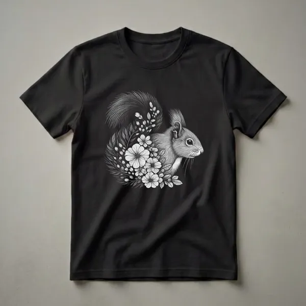 Black and white graphic t-shirt featuring a detailed illustration of a squirrel's face and tail surrounded by flowers and leaves in a scratchboard art style.