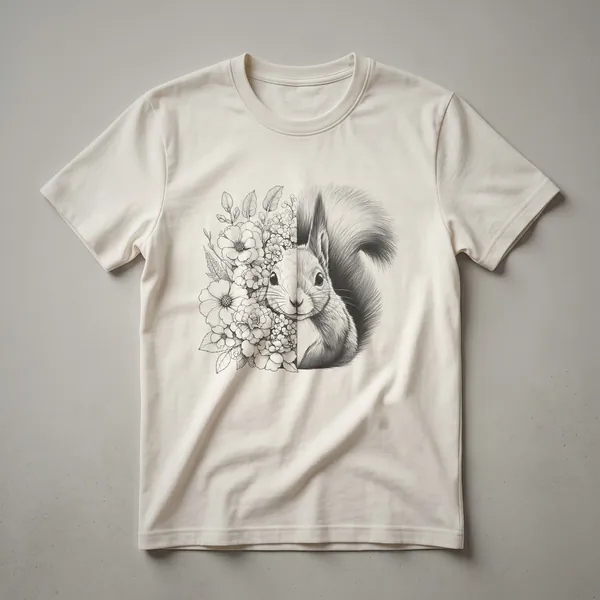 White graphic t-shirt featuring a watercolor illustration of a squirrel's face surrounded by colorful flowers and leaves.