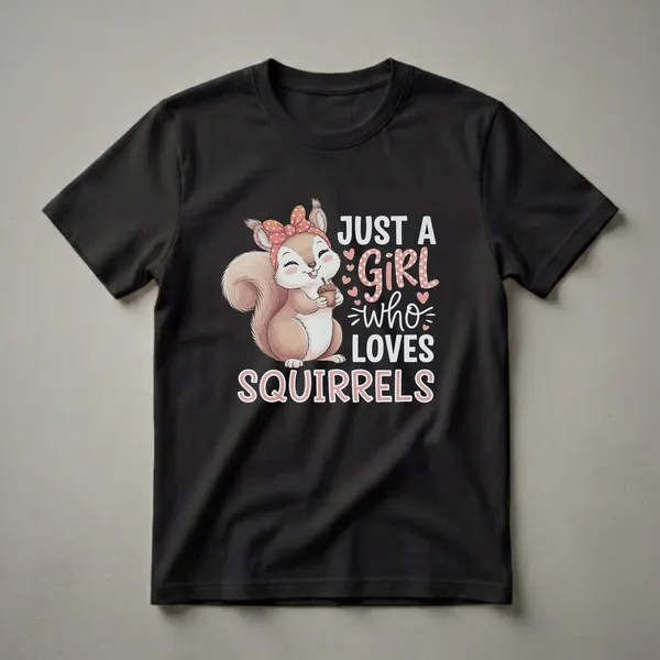 A black t-shirt featuring a cartoon illustration of a cute squirrel wearing a red polka dot bandana and holding an acorn, with the text 'Just A Girl Who Loves Squirrels'.