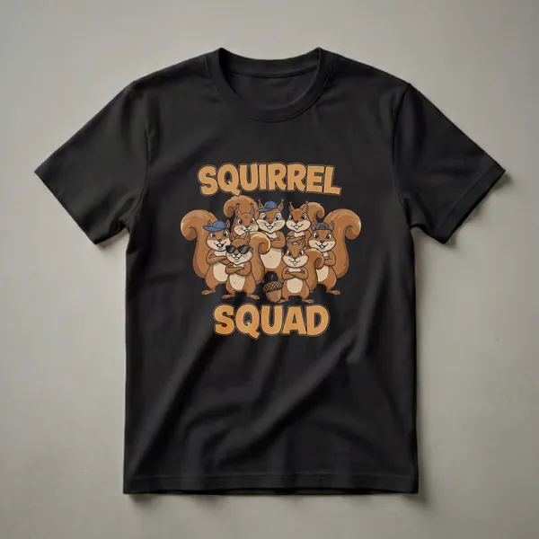 Black t-shirt featuring a cartoon illustration of seven squirrels with the words 'SQUIRREL SQUAD' in distressed orange lettering above and below them.