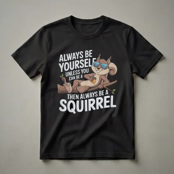 Black t-shirt with a cartoon squirrel wearing sunglasses, lounging on a branch and holding an acorn, with the text 'Always Be Yourself Unless You Can Be A Squirrel'.