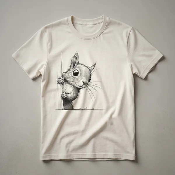 A black t-shirt with a graphic of a cute, cartoon squirrel peeking from the bottom edge, its tail curled.