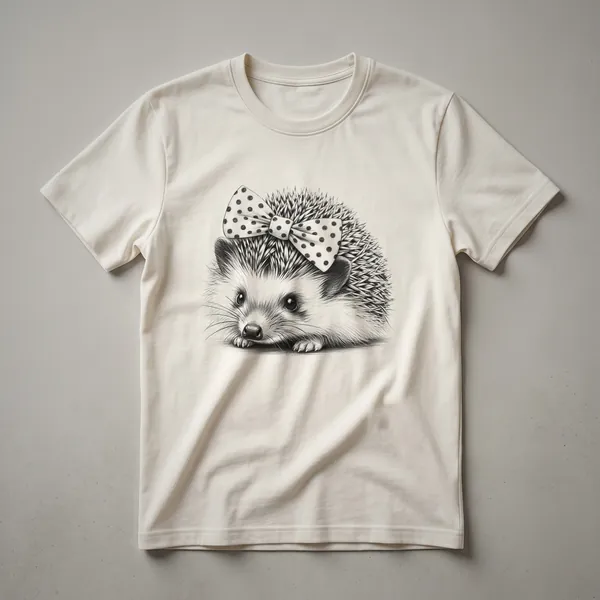 White graphic t-shirt featuring a stylized illustration of a hedgehog wearing a floral crown, designed for women and girls.
