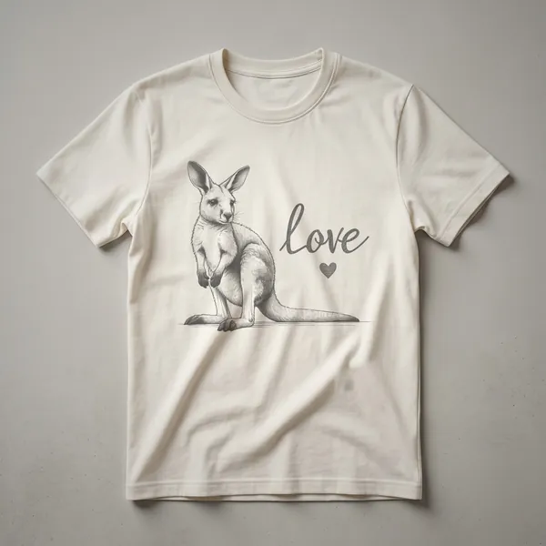Black and white sketch graphic t-shirt featuring a kangaroo with an integrated heart shape, designed for wildlife enthusiasts.