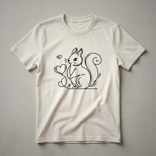 A white graphic t-shirt featuring a black line art drawing of a squirrel with a heart symbol integrated into the design.
