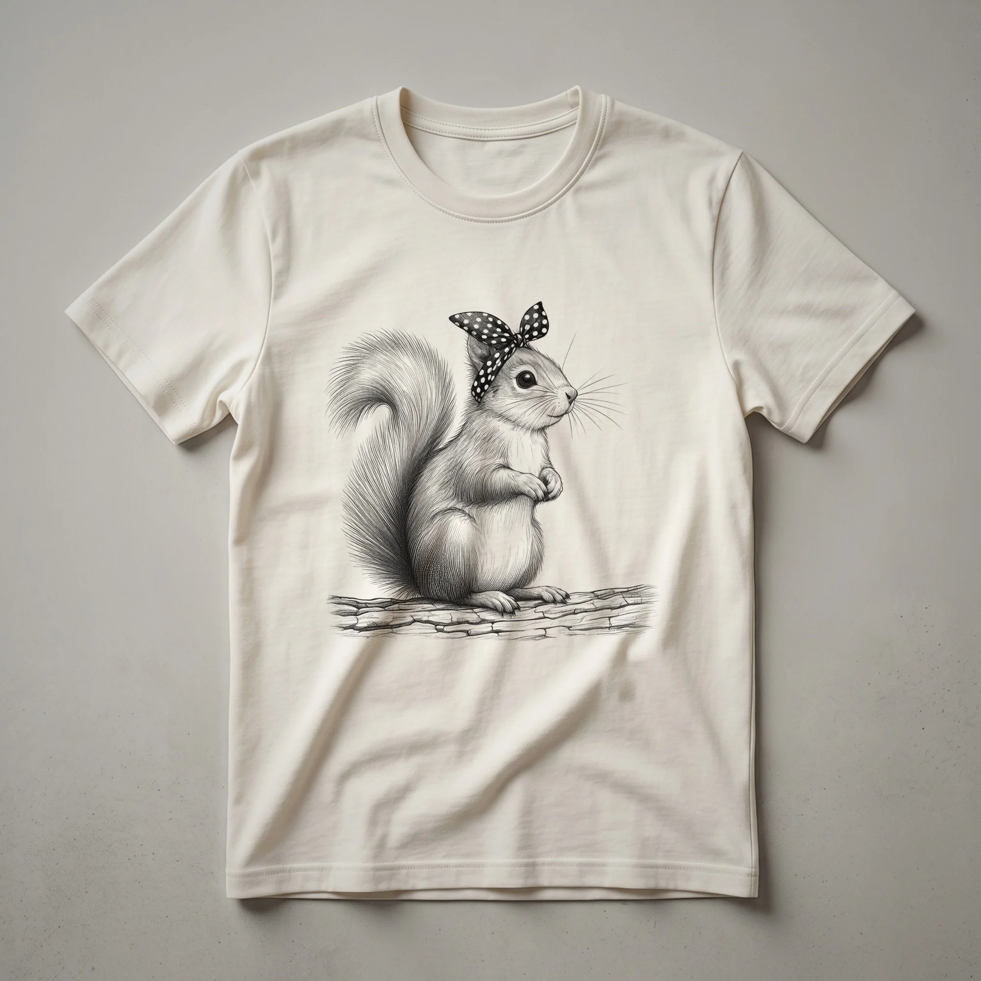 White graphic t-shirt featuring a distressed illustration of a squirrel holding an acorn with the text 'Squirrel Mom' above it.